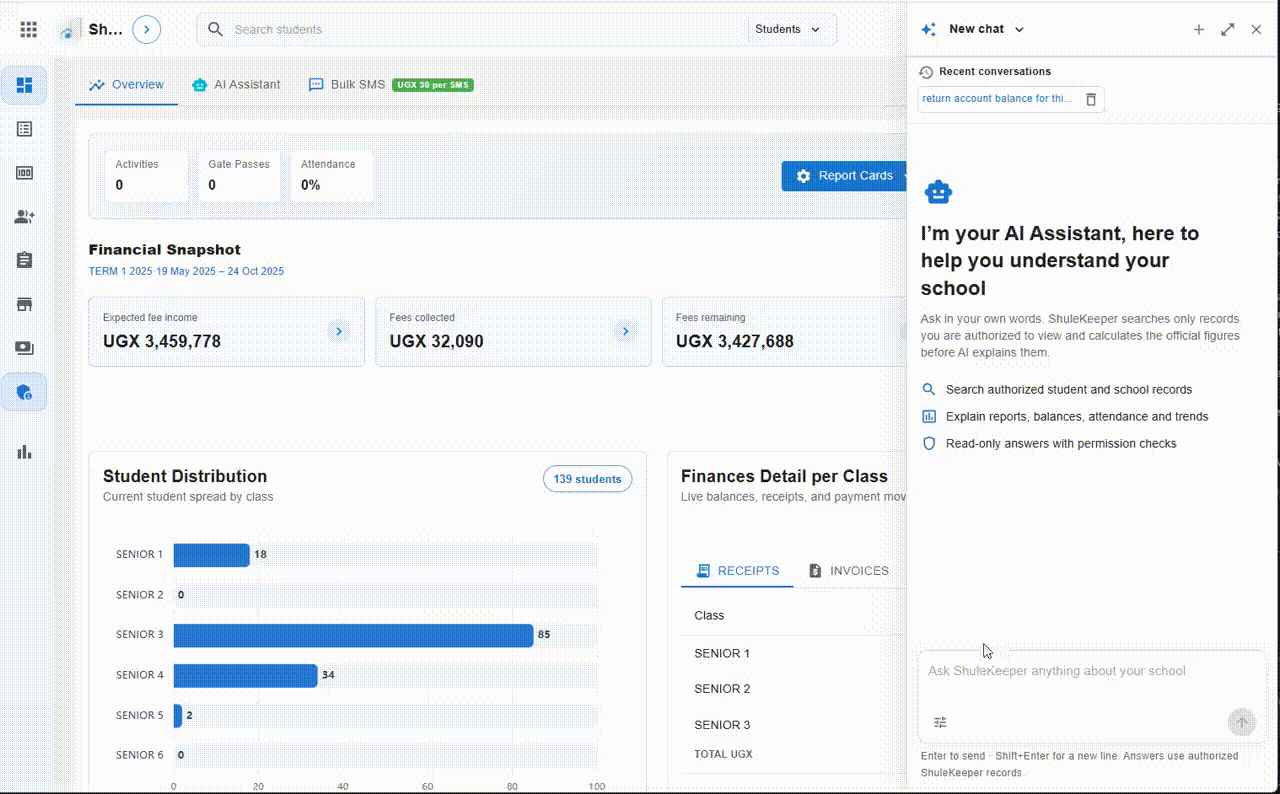 Ask ShuleKeeper AI answering questions using authorized school data